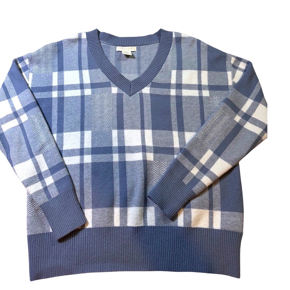 Christian Siriano New York Blue White Plaid V-Neck Sweater Womens XS Herringbone
